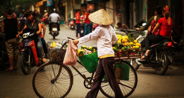 Vietnamesischer Straßenhändler, der frisches Obst und Gemüse auf einem Fahrrad transportiert.