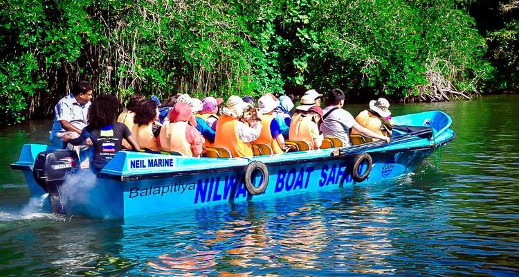 Ein Boot voller Touristen, die eine Flusssafari genießen.