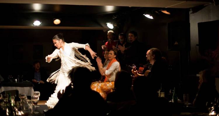 Dramatische flamencovoorstelling binnen met danseres in witte jurk met franjes en begeleidende muzikanten.