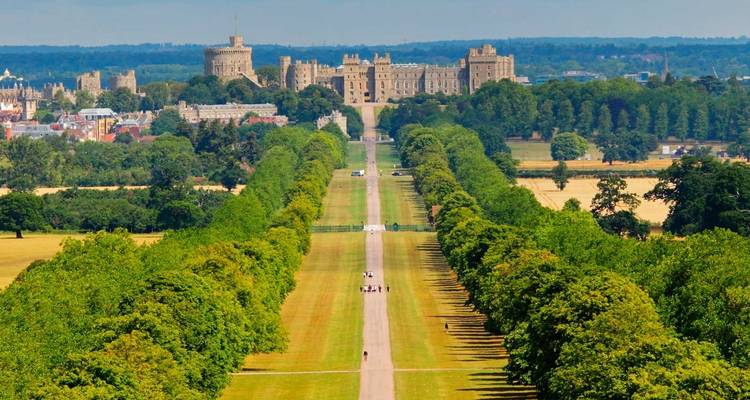 Met bomen omzoomde Long Walk die zich uitstrekt naar Windsor Castle, omgeven door een lappendeken van landschap.