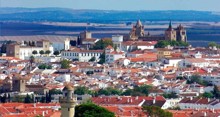 Panoramic view over whitewashed houses with red-tiled roofs and cathedral towers dominating the skyline of Évora.