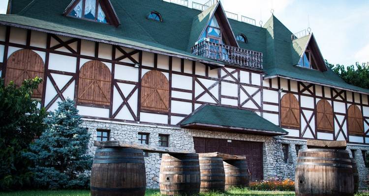 Grande maison entourée de tonneaux en bois.