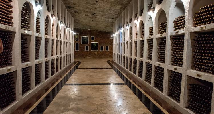 Cave à vin avec de nombreuses bouteilles stockées dans des arches.