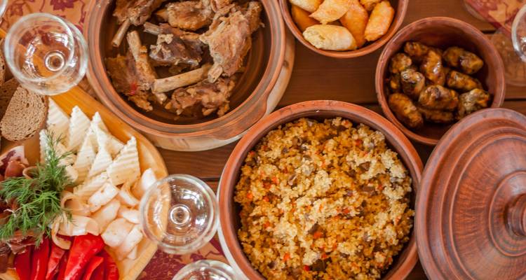 Traditional Moldovan meal displayed on a table.