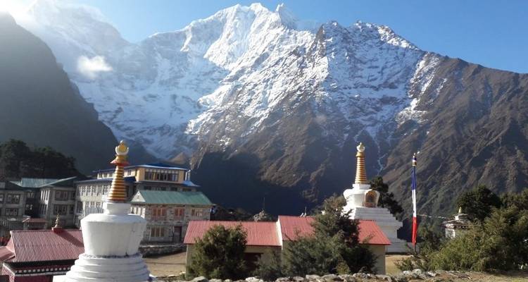 Mountain village with temples and snow-capped backdrop.