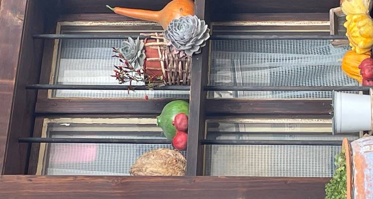 Decoratieve vensterbank met planten en sierstukken.