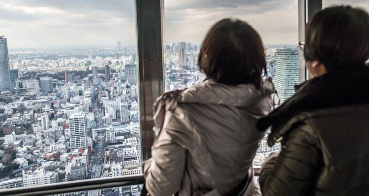 Deux visiteurs emmitouflés regardent depuis une plateforme d'observation en hauteur le paysage urbain tentaculaire de Tokyo par une journée nuageuse.