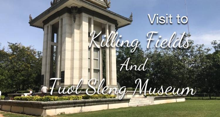 A building with large overlay text promoting a visit to museums in Cambodia.