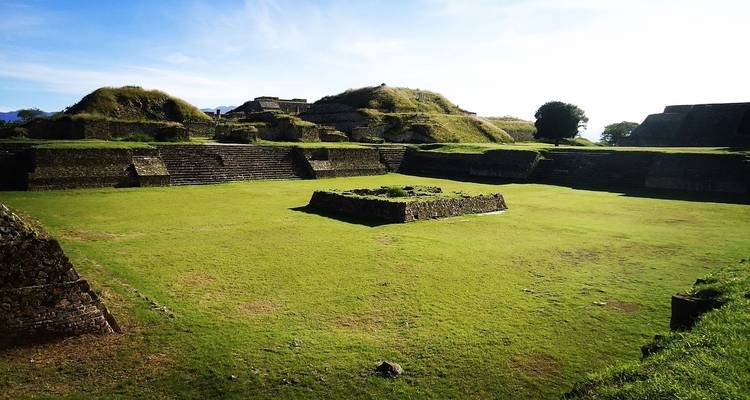 Ruinas de Monte Albán con estructuras cubiertas de hierba.