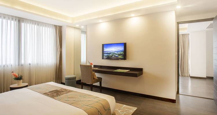 Moderne hotelkamer met een bed en aan de muur gemonteerde tv.