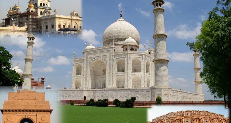 Collage verschiedener Monumente einschließlich des Taj Mahal.