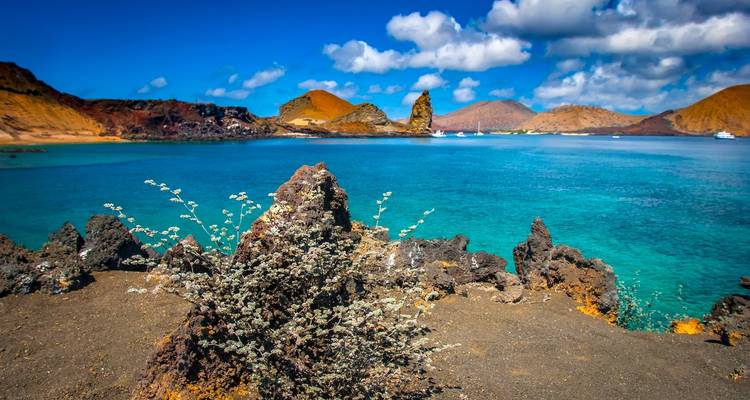 Felsige Küstenlinie mit einer hohen vulkanischen Felsformation in klarem blauem Wasser.