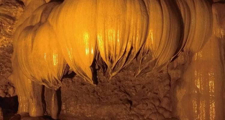 Close-up of golden flowstone formations inside a dimly lit cave