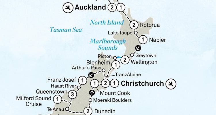 Carte illustrée mettant en évidence un itinéraire de voyage de plusieurs jours à travers la Nouvelle-Zélande avec des arrêts en ville et des icônes de transport.