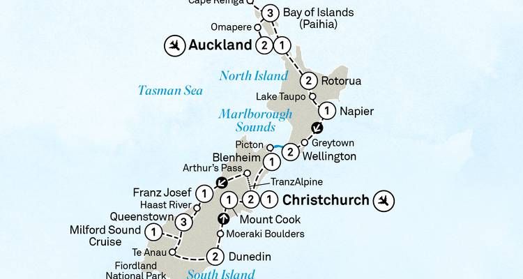 Carte détaillée de circuit de la Nouvelle-Zélande montrant les étapes de voyage, les villes et les points d'intérêt pittoresques.