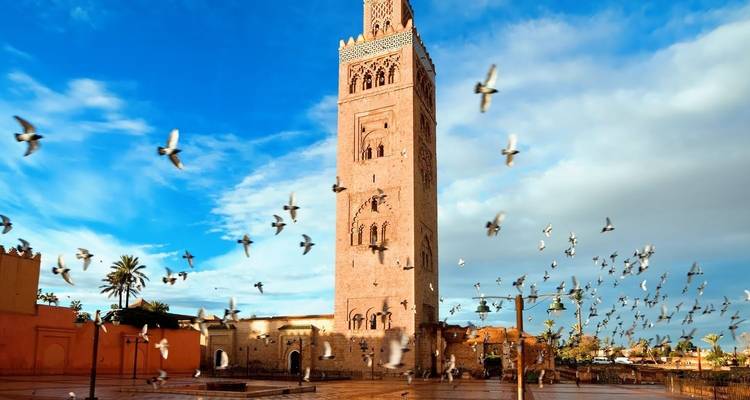 Een hoge toren omringd door vliegende vogels tegen een heldere blauwe lucht.