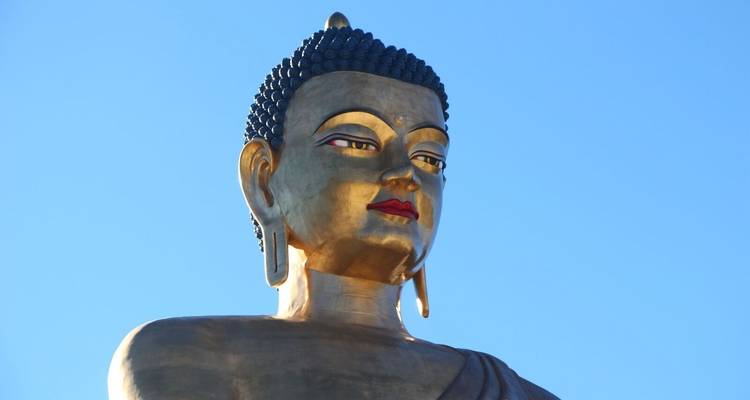 Gigantisch Boeddhabeeld onder heldere blauwe lucht.