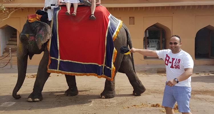 Toerist die poseert voor een olifant met een kleurrijke doek