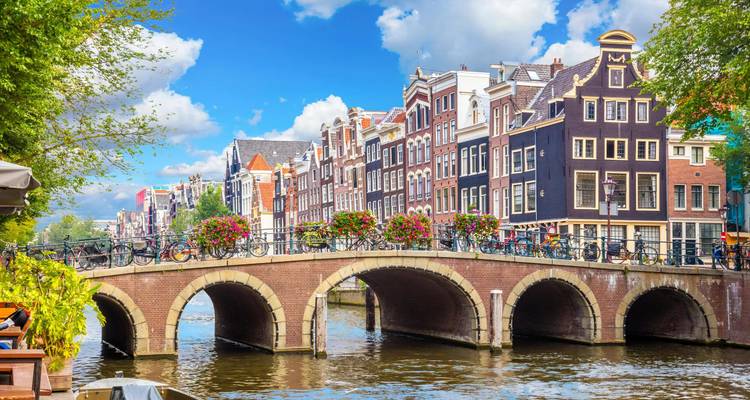 Des vélos remplis de fleurs s'alignent sur un pont classique en briques surplombant le tranquille canal d'Amsterdam, entouré de maisons colorées.
