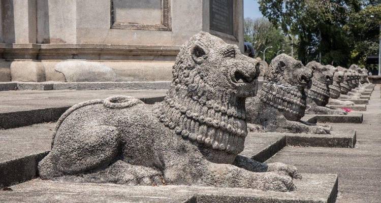 Rangée de sculptures de lions en pierre devant un bâtiment historique.