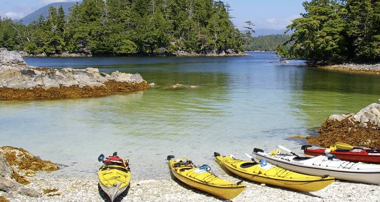 Kayaks lined on a beach with crystal clear water and forested islands.