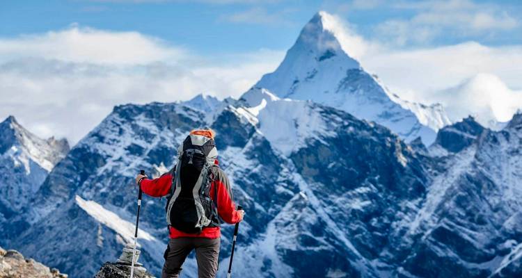 Wandelaar met stokken met het gezicht naar besneeuwde Himalaya-toppen.