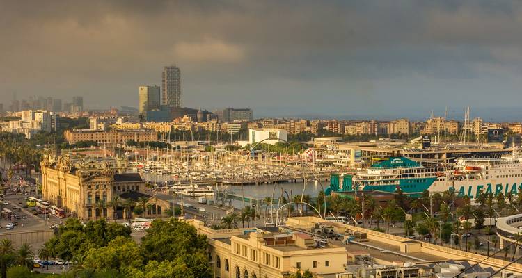 Vue panoramique d'un port de plaisance urbain avec des navires et des immeubles de grande hauteur.