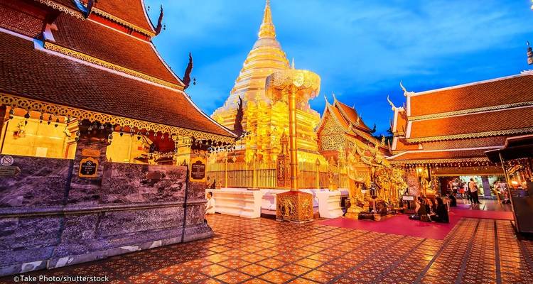 Golden temple beautifully lit at dusk