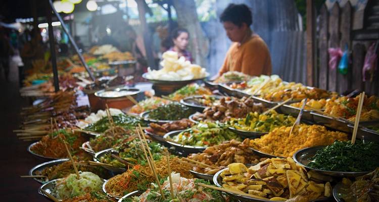 Food market stall with various dishes