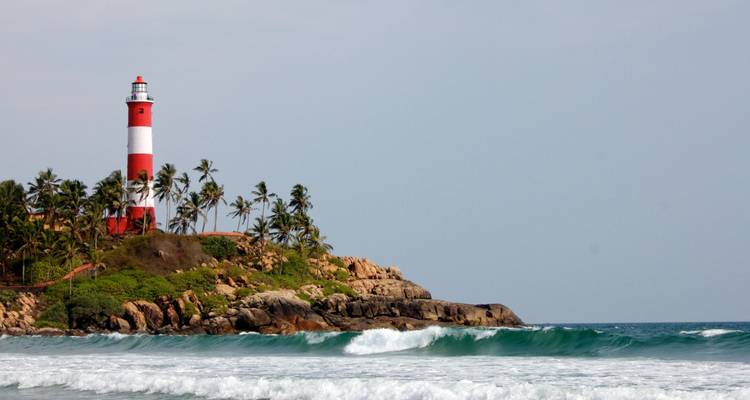 Vuurtoren aan zee met palmbomen.
