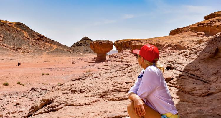 Rotsachtig woestijnlandschap met een persoon zittend op de voorgrond.