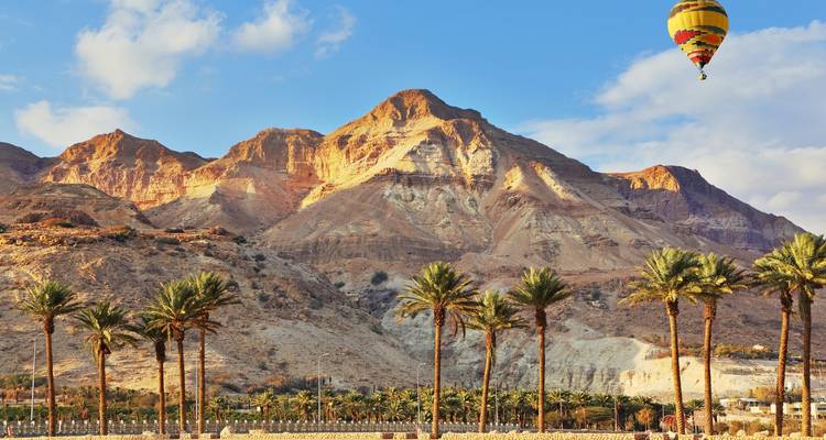 Hot air balloon over a palm-lined desert valley.