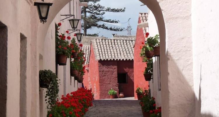 Pittoresk steegje met levendige bloemen en traditionele architectuur.