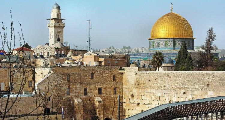 Skyline-Ansicht einer alten Stadt mit markanten Kuppel- und Minarettbauten.
