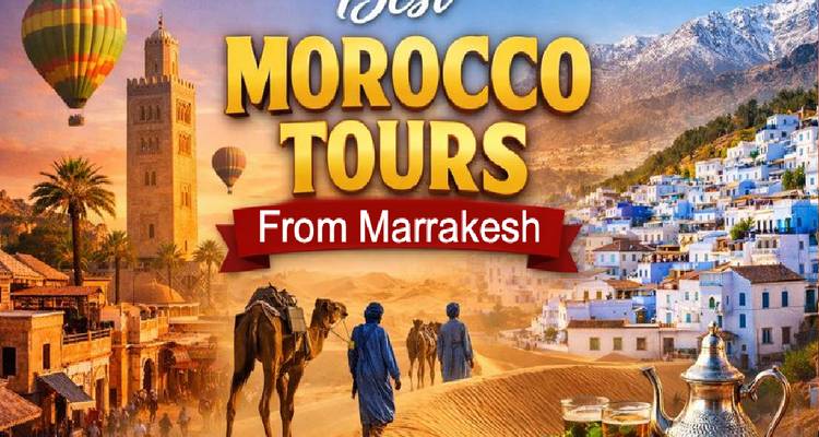 Graphique promotionnel coloré faisant la publicité de circuits au Maroc avec des images de Marrakech, de chameaux du désert et de montgolfières superposées par du texte en gras