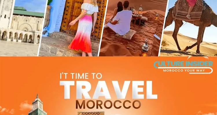 Bannière marketing avec plusieurs instantanés de voyage au Maroc et le slogan « Il est temps de voyager au Maroc »