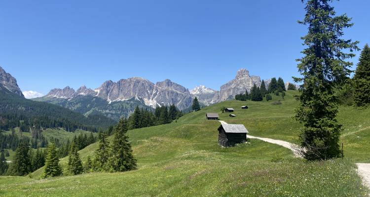 Los prados verdes salpicados de cabañas de madera se extienden hacia los dramáticos picos de las Dolomitas bajo un cielo despejado.