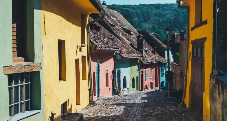 Ruelle pavée étroite bordée de maisons médiévales aux couleurs vives dans la lumière du jour chaude.