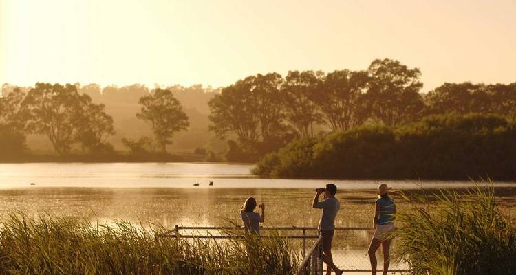 Three people exploring a riverside area during sunset.