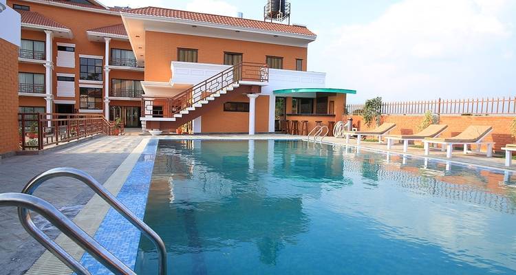 Outdoor swimming pool at a hotel.