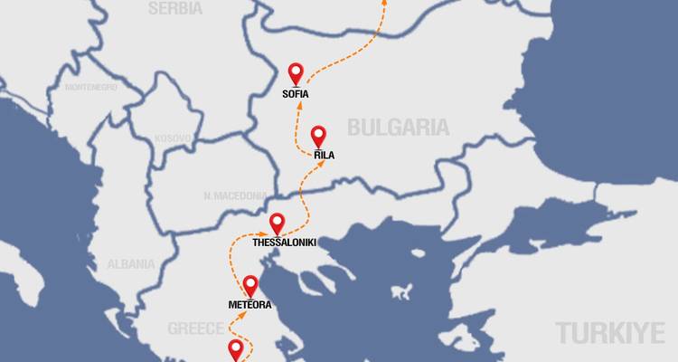 Map showing cities and routes through the Balkans.