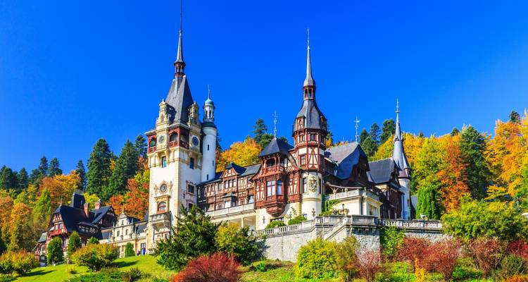 Château de Peleș entouré d'arbres d'automne.