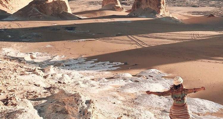 Een persoon die geniet van het schilderachtige uitzicht op woestijnrotsen.