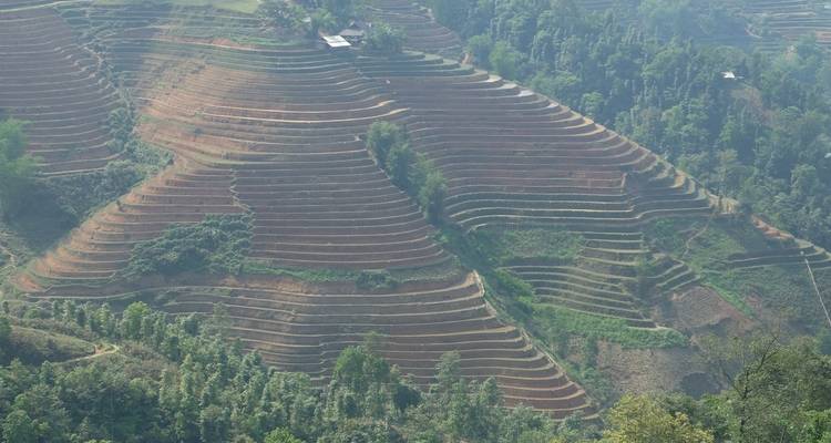 View of terraced fields on a mountainous landscape.