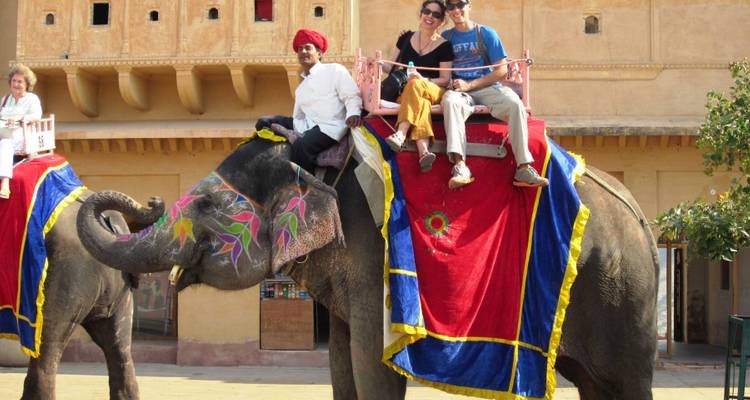 Des touristes montent un éléphant aux décorations colorées avec un cornac devant le mur d'un fort historique.