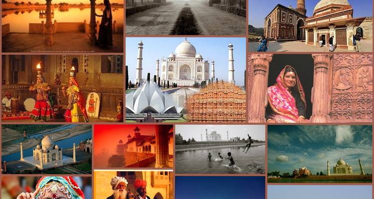 Eine Collage, die kulturelle Szenen und Wahrzeichen in Indien zeigt.