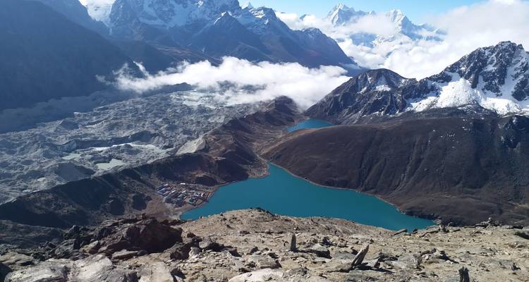 Mountain lake surrounded by rugged hills.