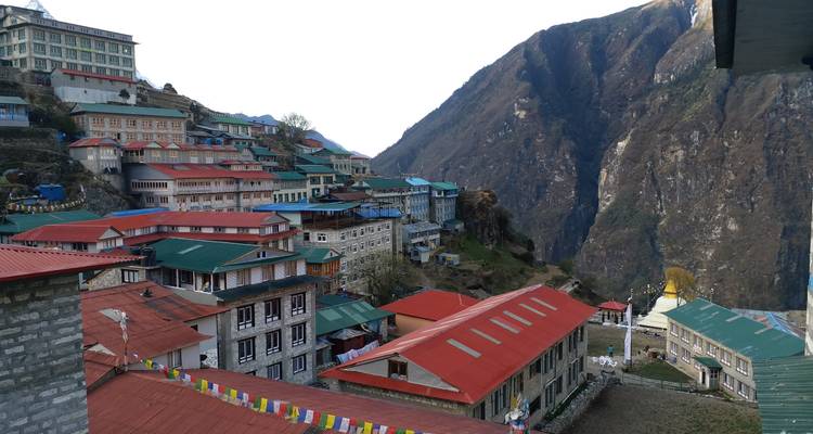 Mountain village with colorful roofs.