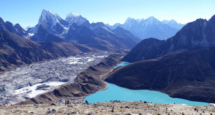Mountain and lake view with clear skies.
