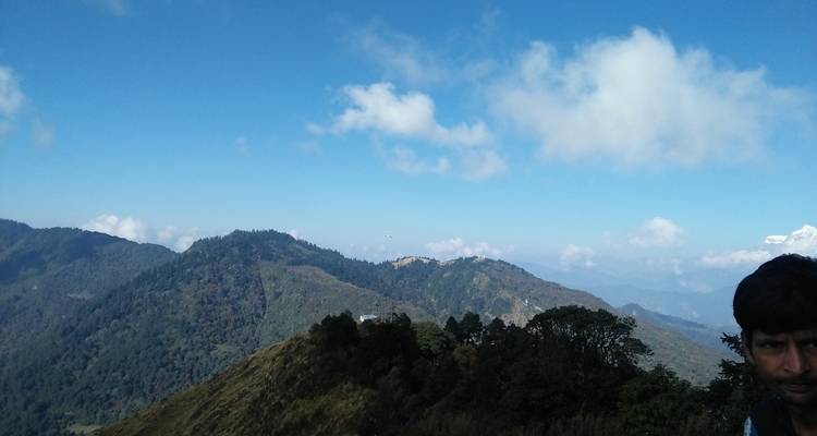 Heuvels en lucht met een persoon gedeeltelijk zichtbaar.
